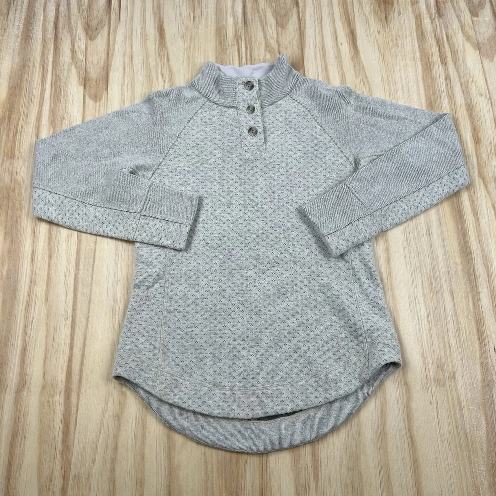 prAna Women's Small Gray Beige Fitted Wool Mock Neck Button Sweater Top